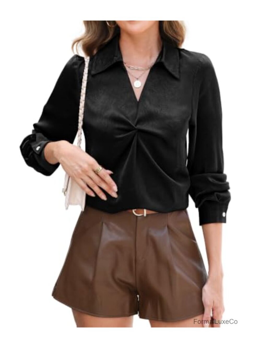 Satin Silk Long Sleeve V-Neck Blouse with Cuff Button Front Twist Business Work